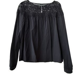 St. John Silk Blend Sheer Lace Yoke Long Sleeve Black Blouse Top Size 6